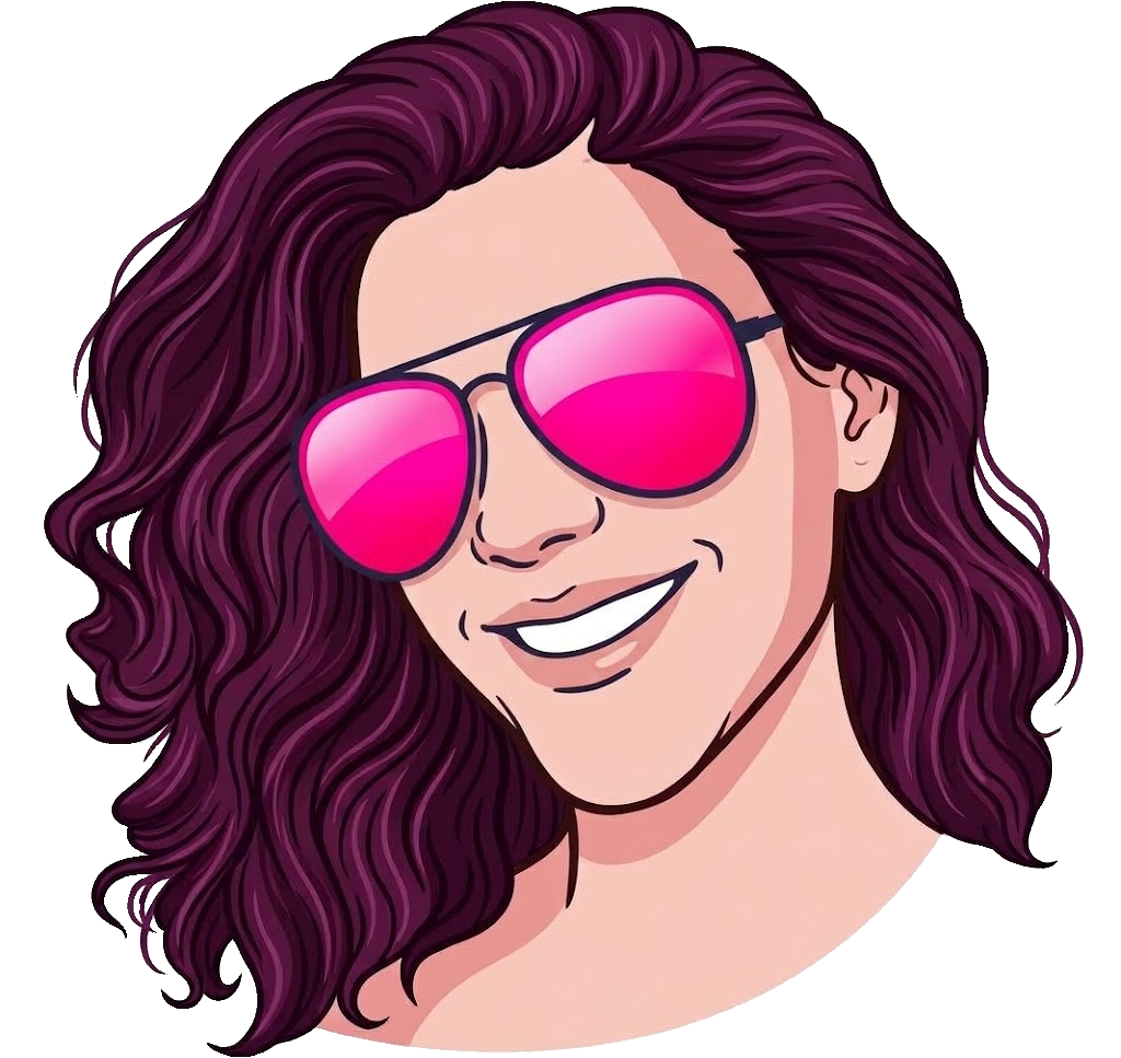 Drawn woman with dark curly hair and pink reflective aviators